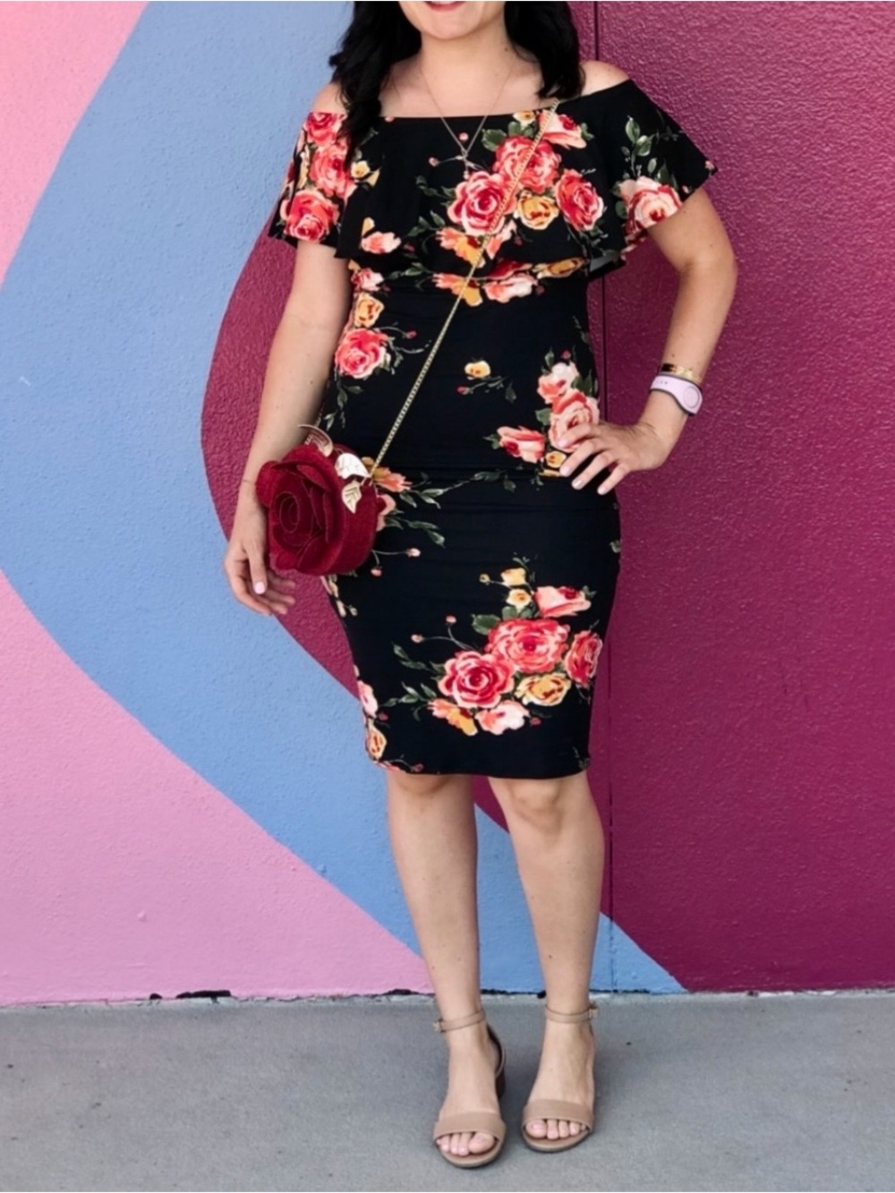 Black Floral Ruffle Dress with Red & Yellow Roses